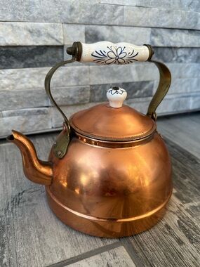 Elegant Copper Tea Cattle with Blue Floral Handle-vintage Vintage